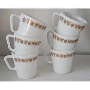 VTG Pyrex Butterfly Gold Milk Glass Coffee Mugs Cups D Handle Set Of 6 USA Made